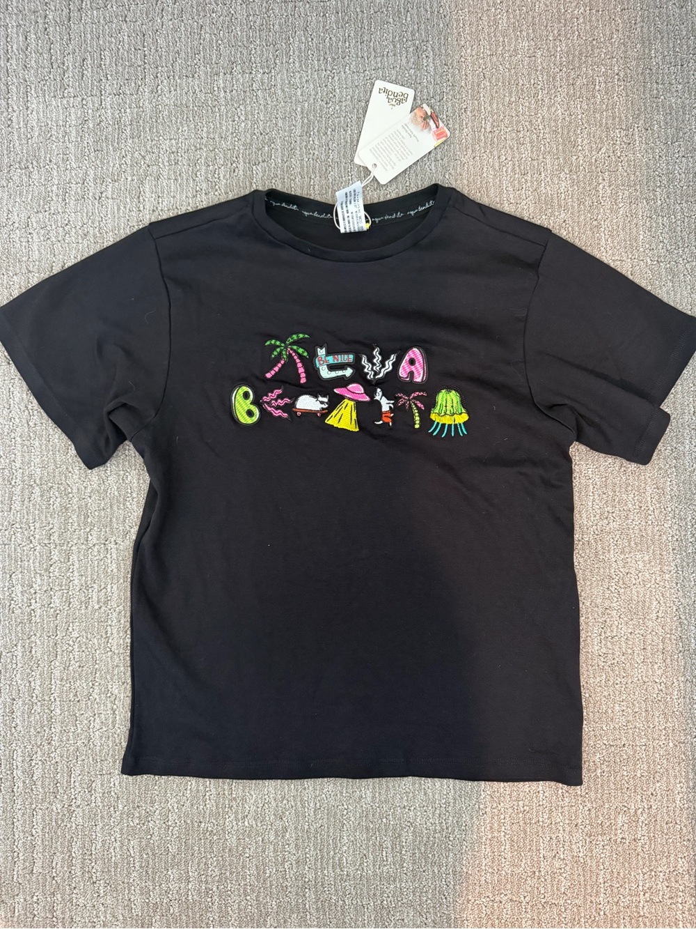 Agua Bendita Black Tee with Neon Beach Embroidery